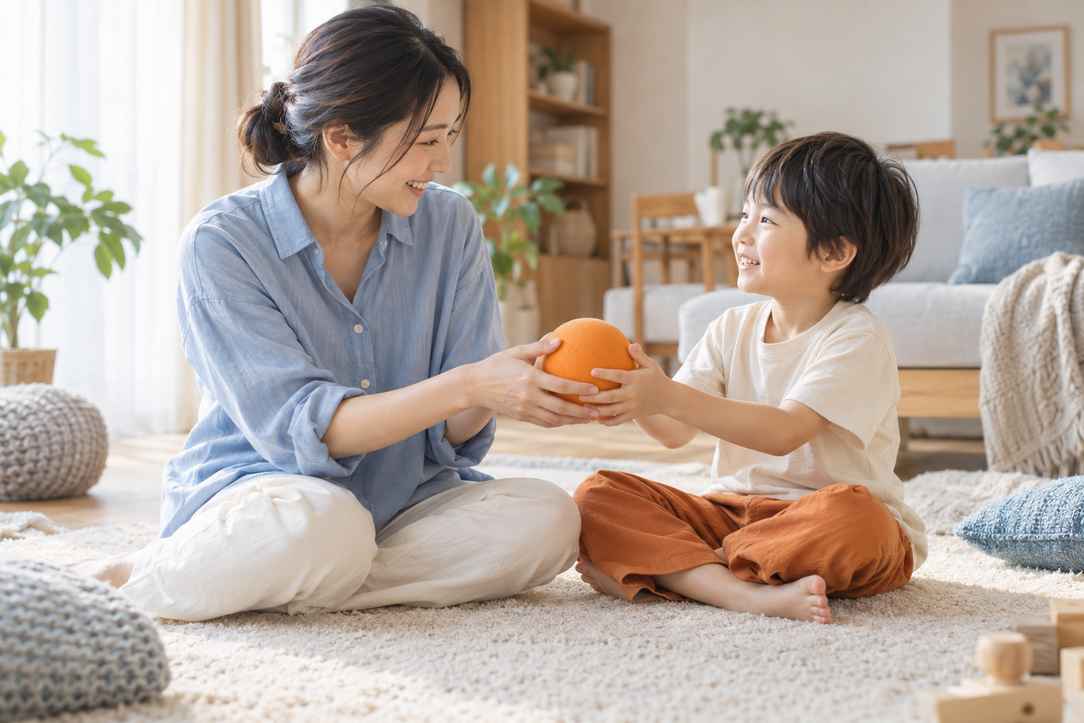 自宅で柔らかいボールを手渡す親子のイメージ写真（AI生成）